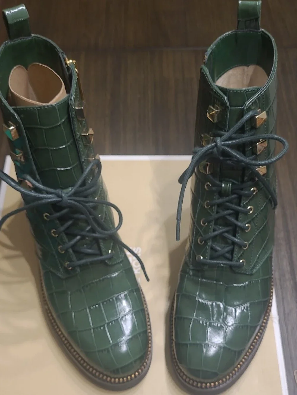 Michael Kors Women’s Green Croc-Embossed Lace-Up Wedge Boots